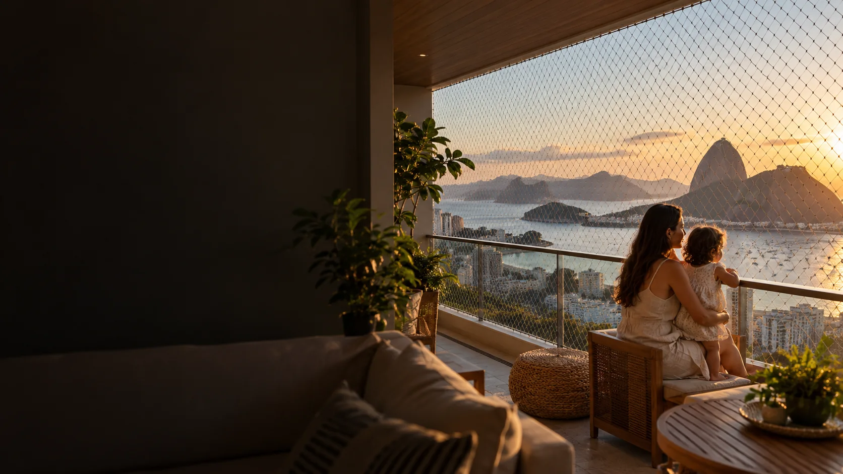 Sacada com rede de proteção e vista do Rio de Janeiro
